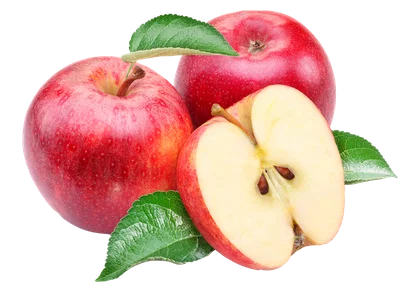 Two whole apples and a slice of apple with green leaves.