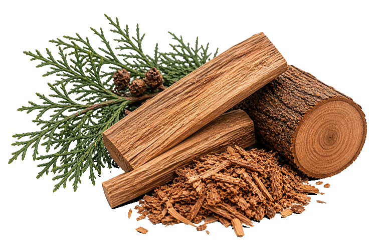 Cedarwood and shavings with green foliage on a white background