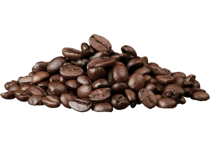 A pile of roasted coffee beans in dark brown tones, isolated on a solid white background.