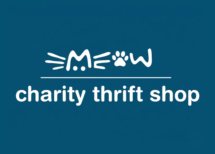 Meow Charity Thrift Shop logo with paw print design on a blue background