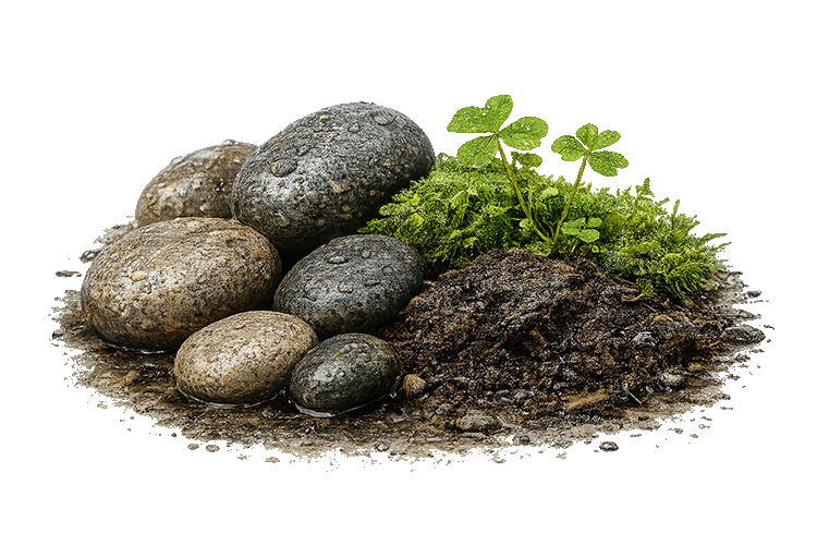 Mossy rocks with water droplets on a white background representing petrichor