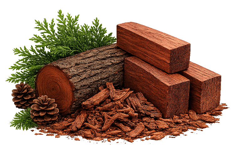 Redwood blocks, a log, and pine cones on a white background