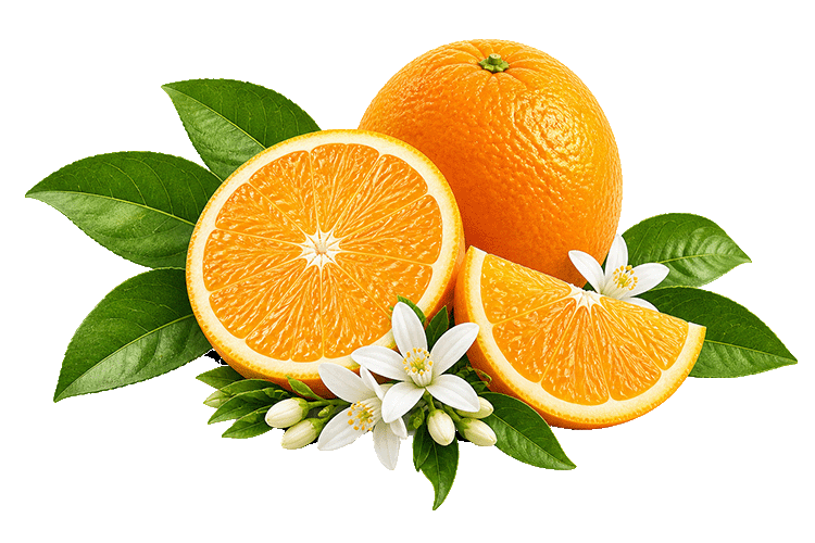 Oranges with slices, leaves, and flowers on a white background