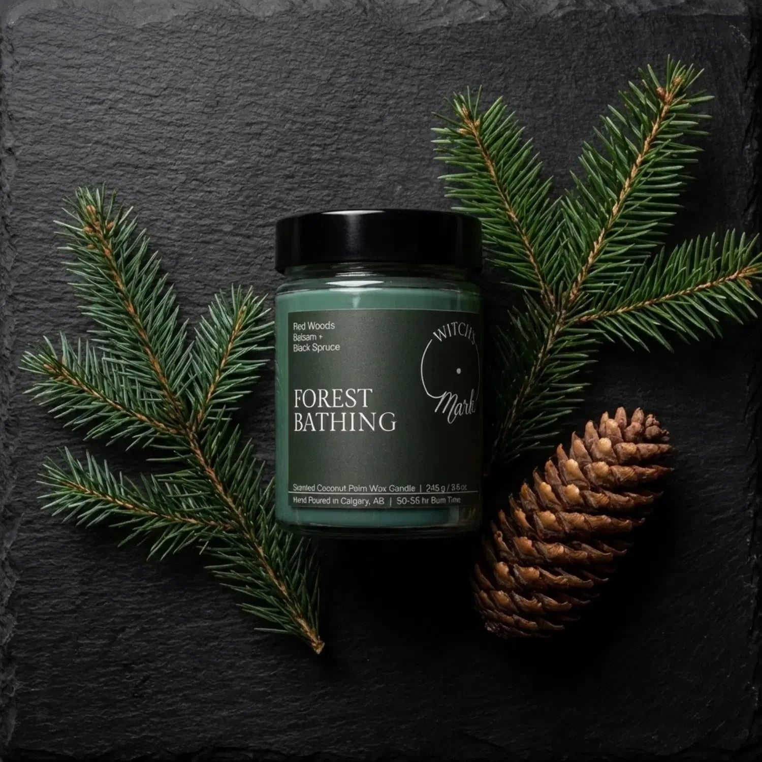 A top-down flat lay highlighting the woodland scent profile of the Forest Bathing candle, featuring the green wax jar surrounded by fresh balsam and black spruce branches alongside a natural pinecone on a dark slate background.
