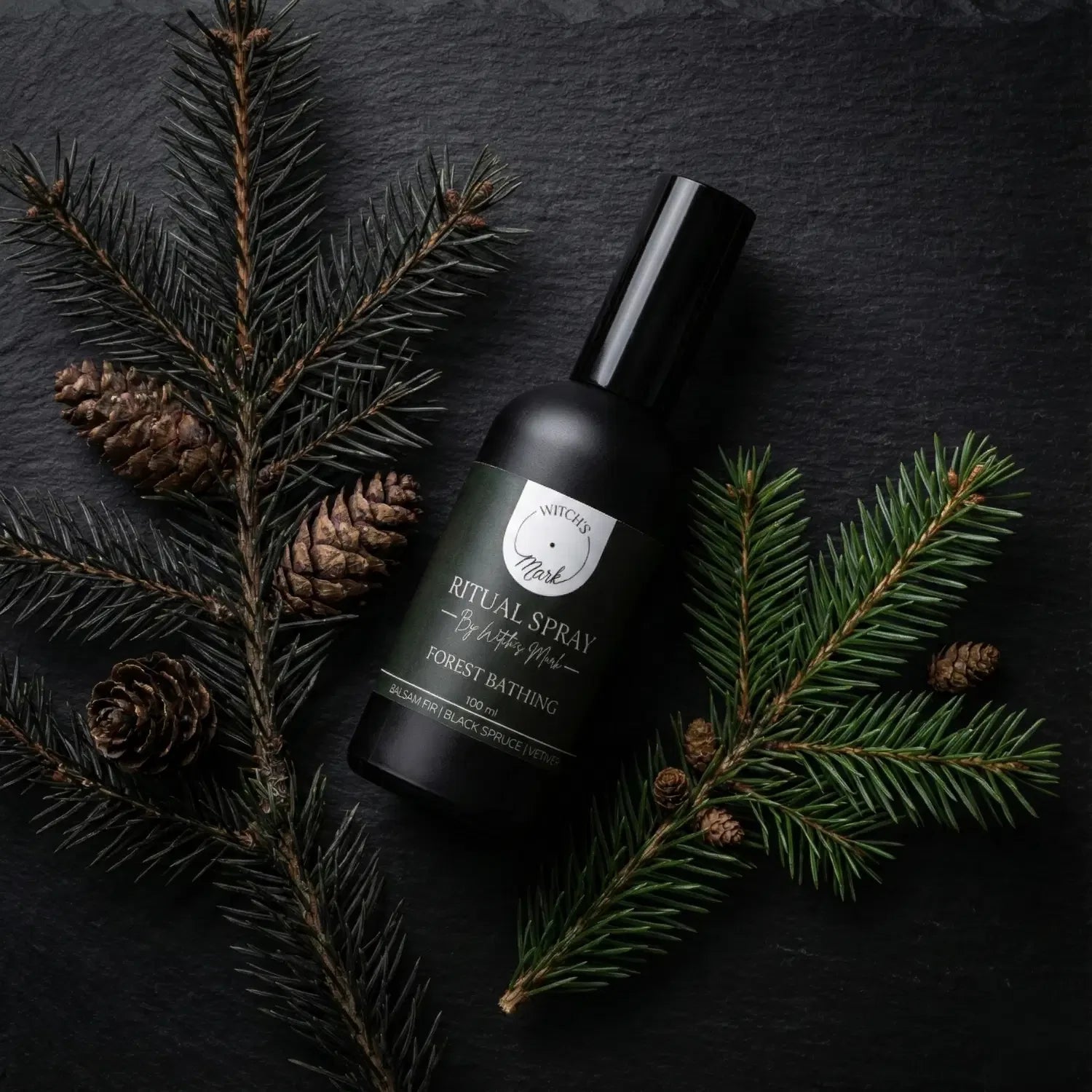 A top-down flat lay highlighting the earthy ingredients of the Forest Bathing ritual mist by Witch's Mark. The black apothecary bottle sits surrounded by fresh black spruce branches, resinous balsam, and natural pinecones against a dark slate background.