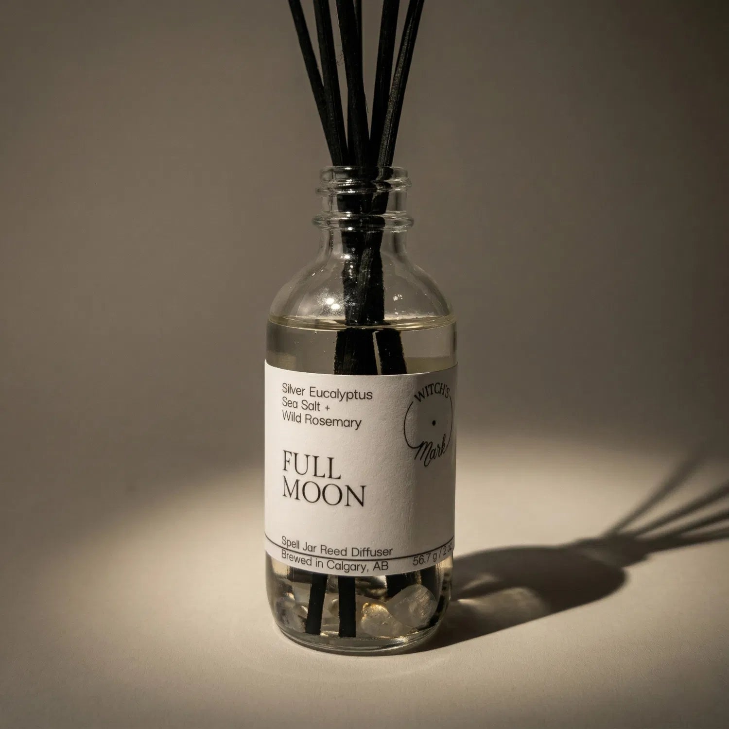A dramatic spotlight close-up of the Full Moon spell jar reed diffuser, highlighting the front label which lists its magical, purifying scent profile of silver eucalyptus, sea salt, and wild rosemary.
