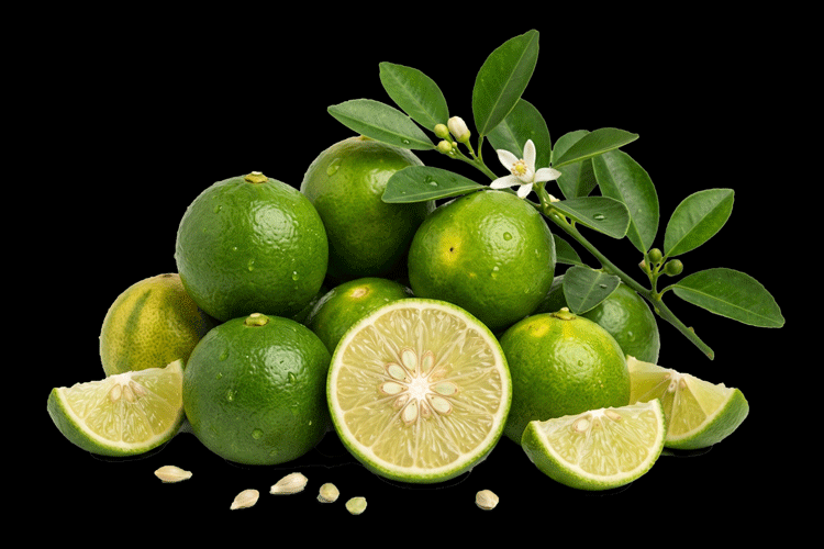 Green limes with leaves on a black background