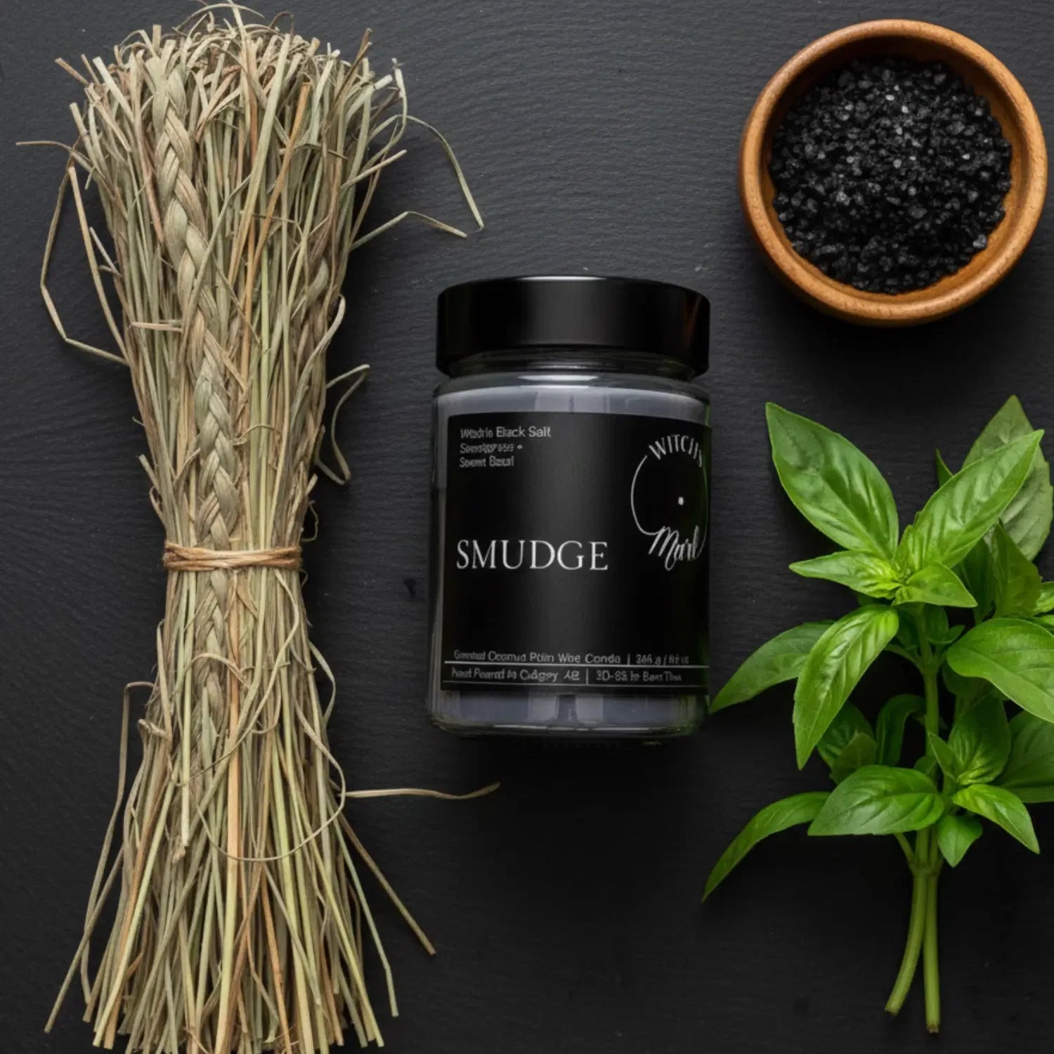 A flat lay highlighting the ingredients of the Witch's Mark Smudge candle, featuring the black jar candle alongside a bundle of sweetgrass, fresh sweet basil, and a small bowl of witch's black salt.