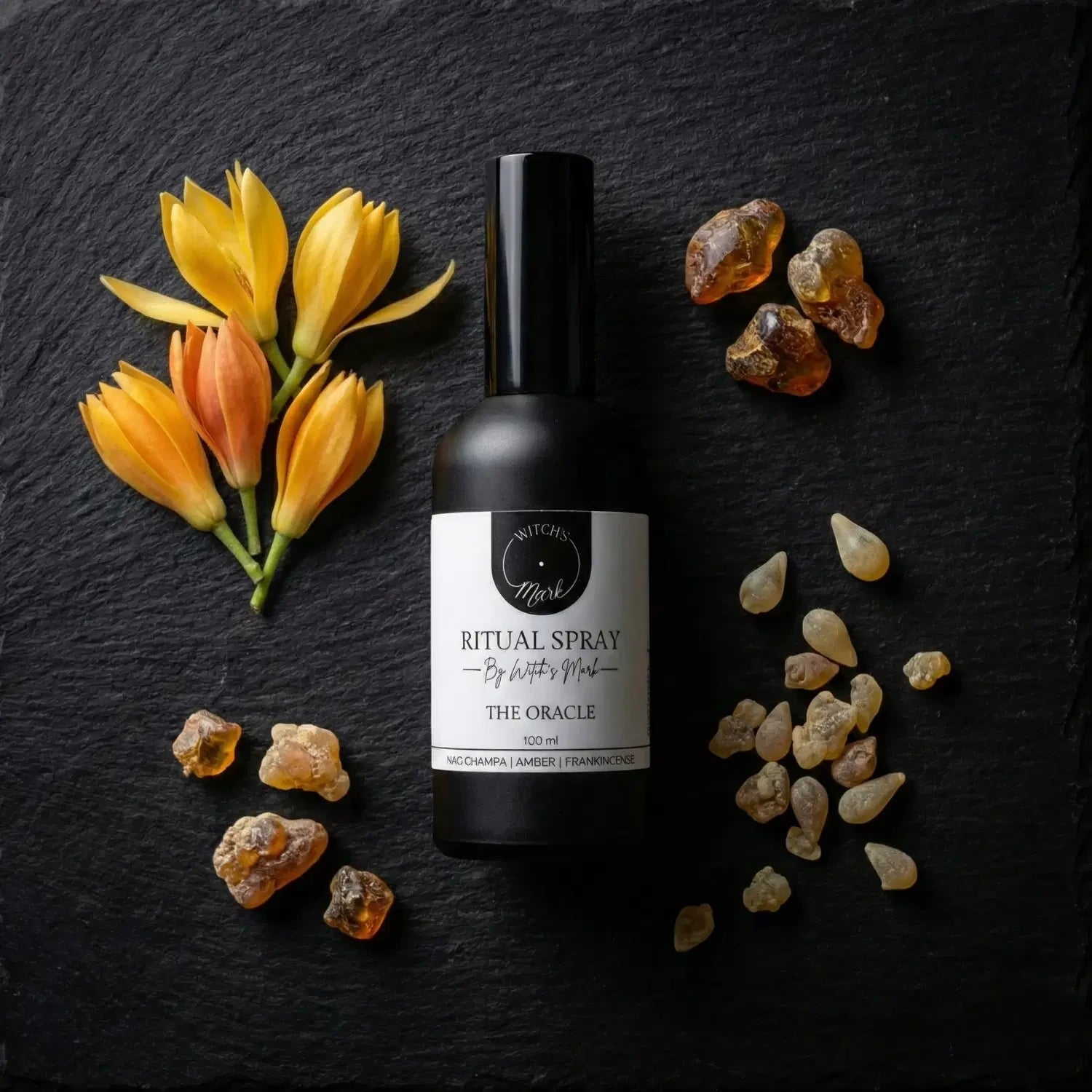 A top-down flat lay highlighting the illuminating ingredients of The Oracle ritual mist by Witch's Mark. The black apothecary bottle sits surrounded by fresh yellow champaca flowers, warm golden amber chunks, and ancient frankincense tears against a dark slate background.