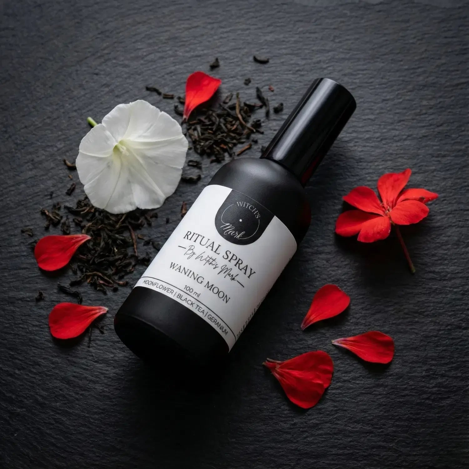 A top-down flat lay highlighting the transformative ingredients of the Waning Moon ritual mist by Witch's Mark. The black apothecary bottle sits surrounded by a delicate white moonflower, scattered loose black tea leaves, and bright red geranium petals against a dark slate background.