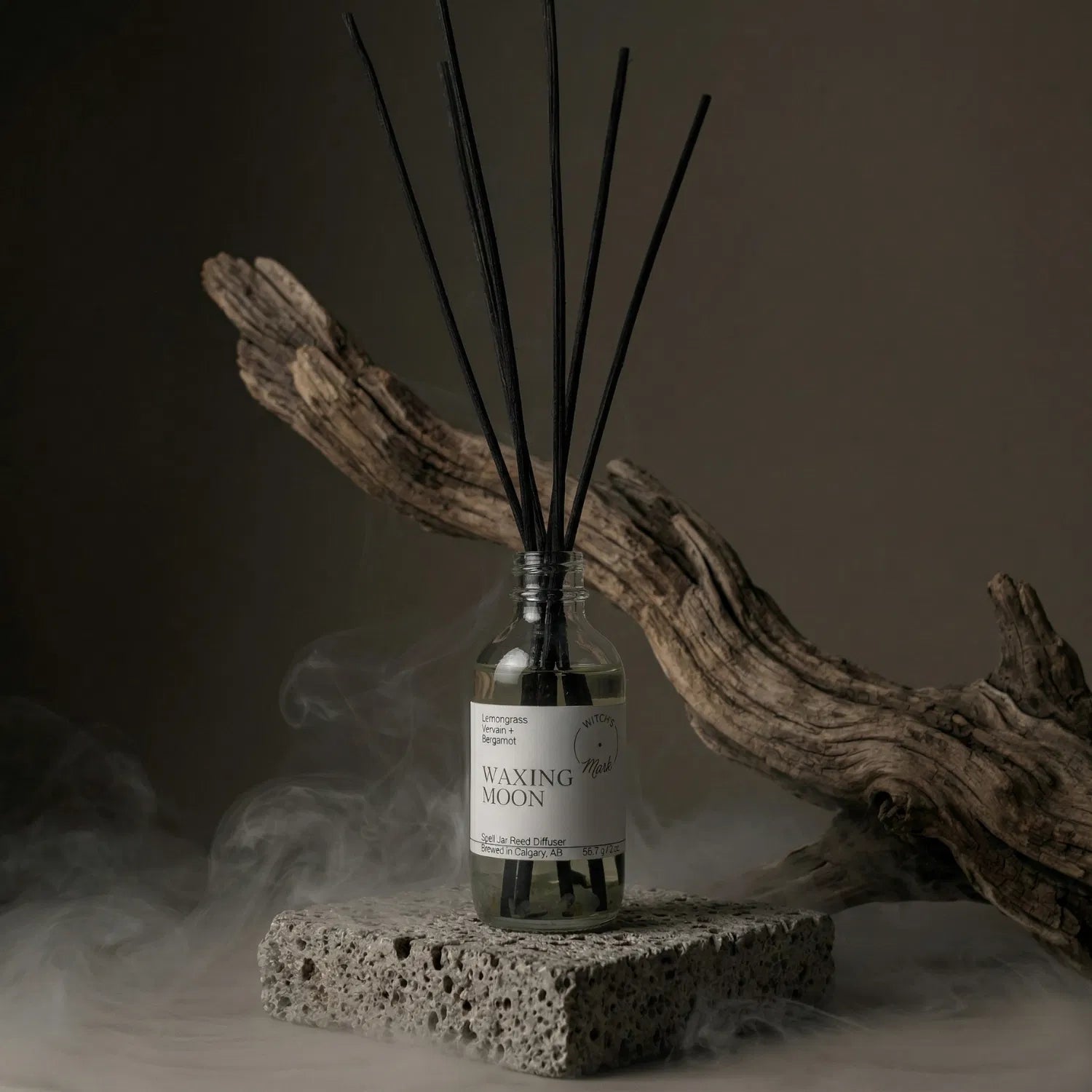 A Waxing Moon apothecary spell jar reed diffuser by Witch's Mark sitting on a stone base, enveloped in atmospheric mist with natural driftwood in the background, perfectly setting the stage for prosperity spells and taking decisive action.
