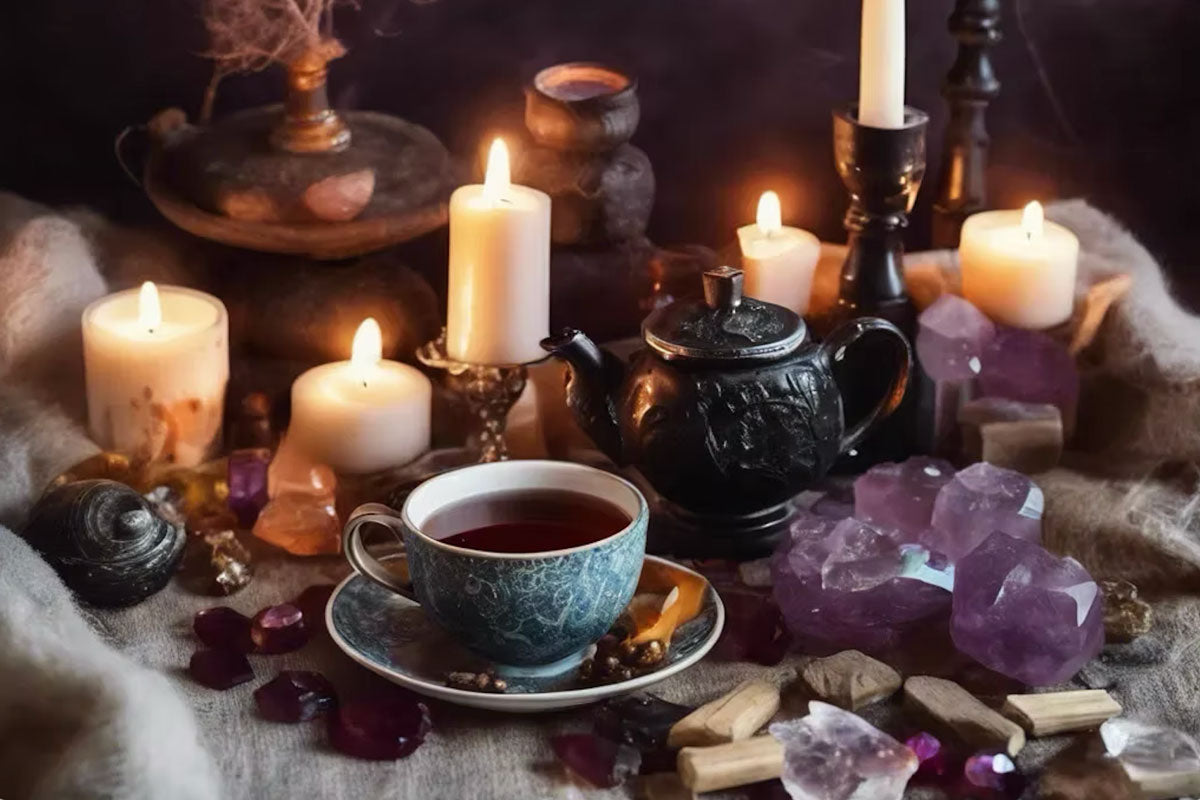 A moody, mystical tabletop arrangement featuring a patterned teacup and an ornate black teapot, surrounded by glowing pillar and taper candles, large purple amethyst crystals, and scattered stones on a draped cloth.