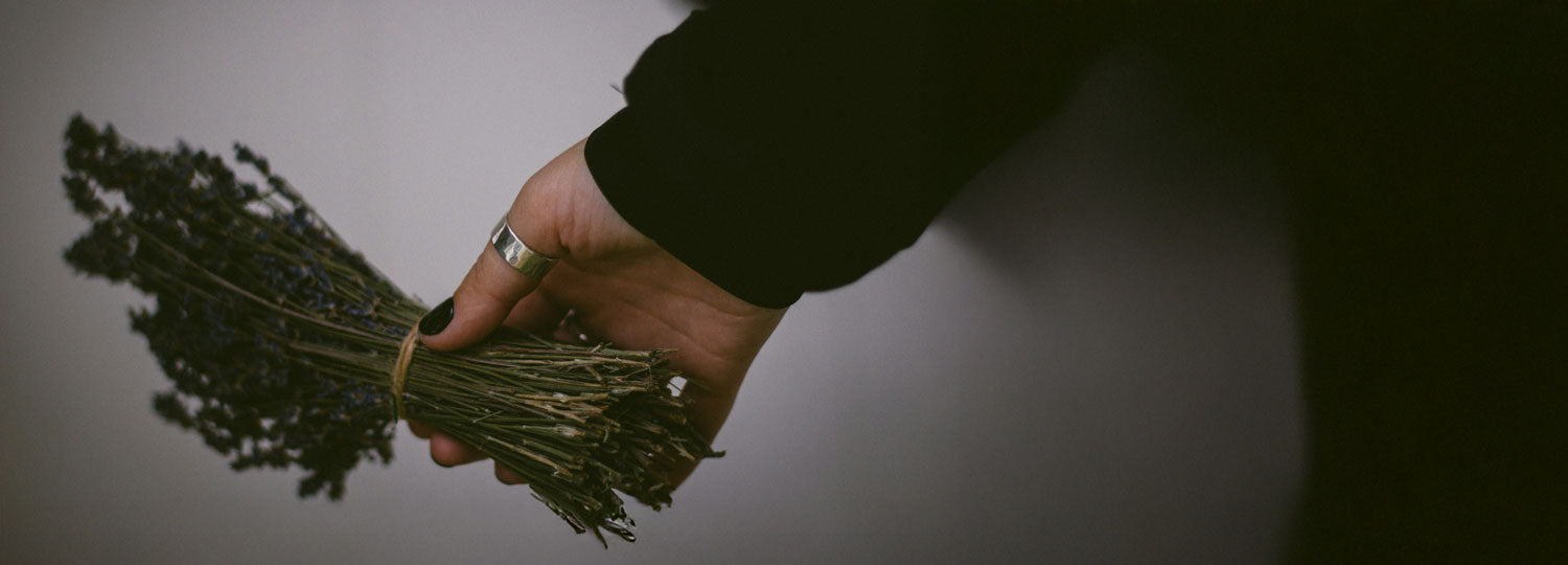 Hand holding a bundle of green herbs against a neutral background