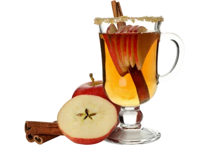 A clear glass mug filled with hot apple cider, garnished with a cinnamon stick and apple slices, with whole and sliced red apples and cinnamon sticks beside it on a white background.
