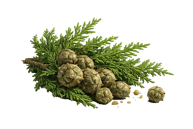 Cypress branches with pinecones on a white background
