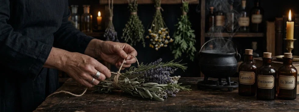 Person preparing herbs on a wooden table with bottles and candles in the background