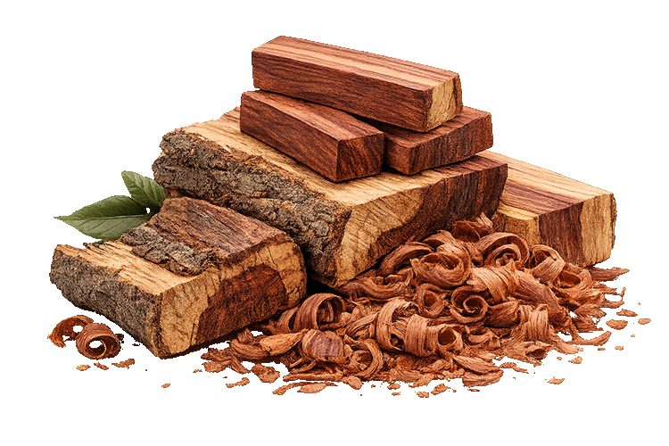 Rosewood and wood chips on a white background
