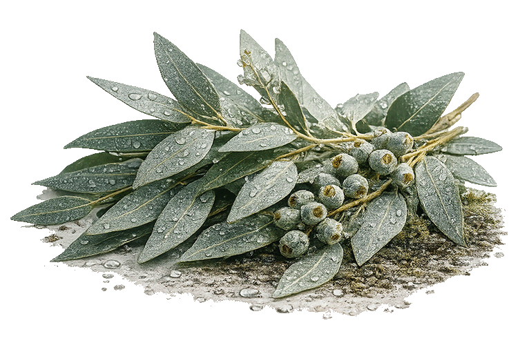 Silver eucalyptus with water droplets on a white background