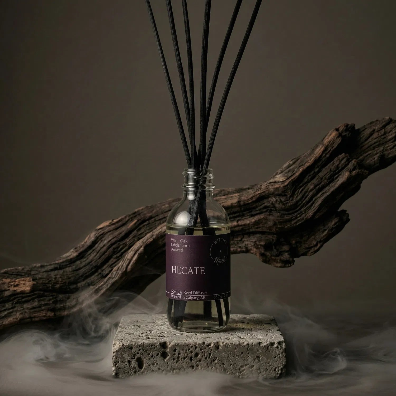 The Hecate apothecary spell jar reed diffuser by Witch's Mark sitting on a stone base, enveloped in atmospheric mist with natural driftwood in the background, perfectly setting the stage for invoking the magick of the liminal realm at the crossroads.