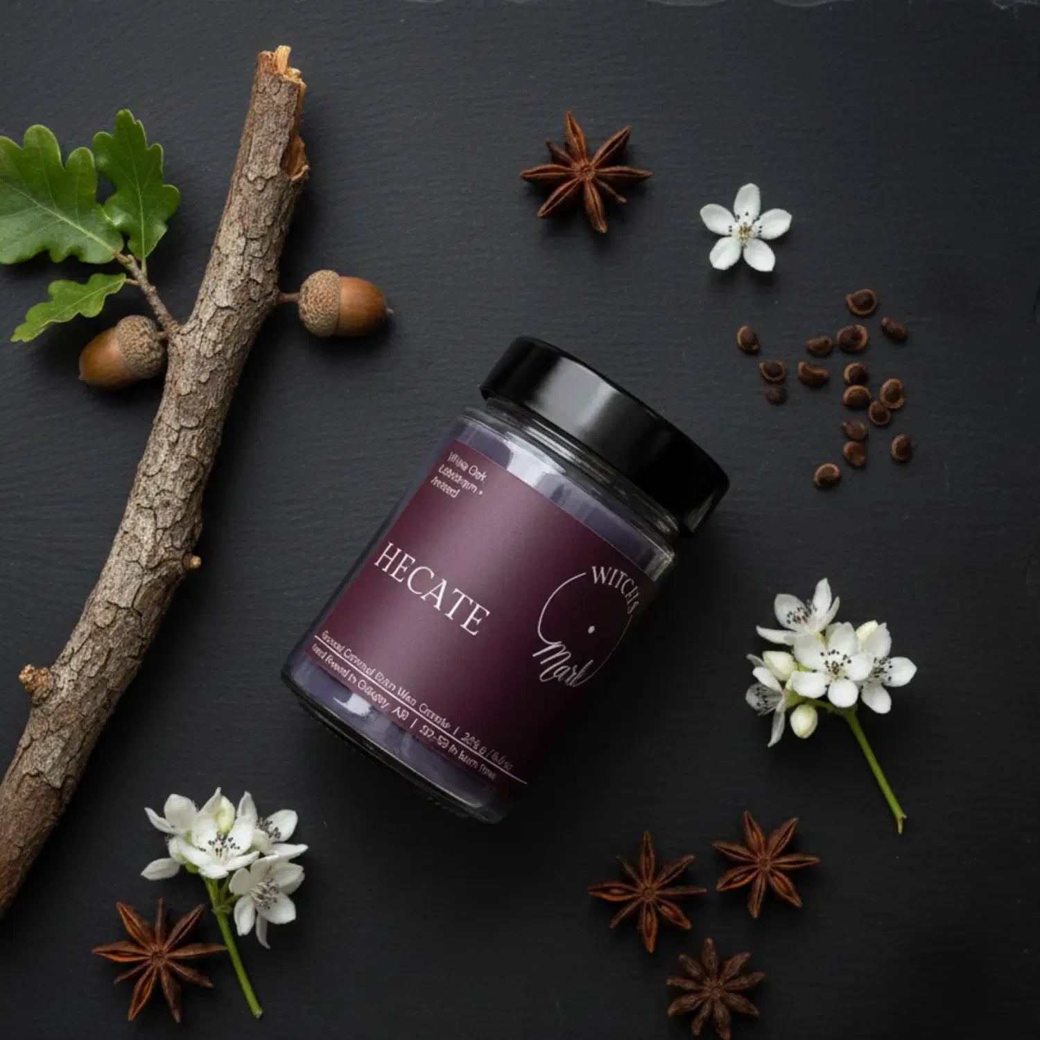 A top-down flat lay highlighting the enchanting scent profile of the Hecate candle, featuring the purple wax jar surrounded by a rustic white oak branch, star aniseed, and delicate white blossoms on a dark slate background.