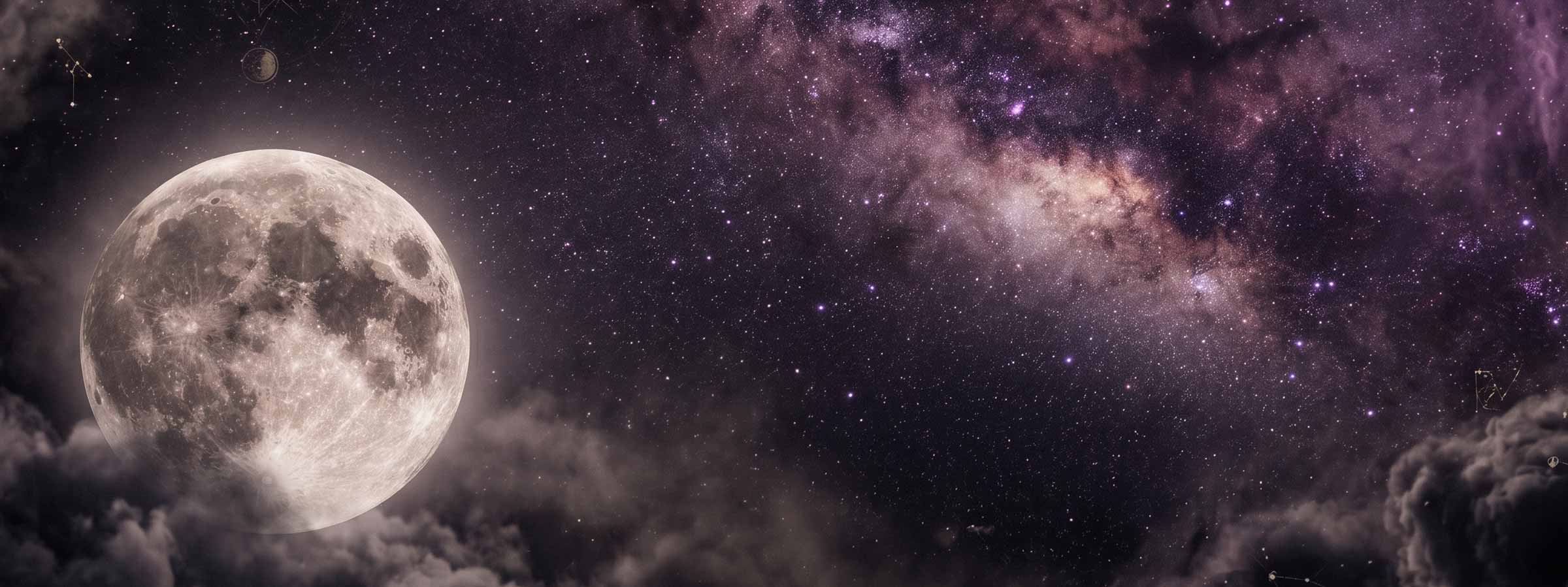 A mystical night sky filled with stars, nebulae, and a glowing full moon, representing the Witch's Mark Lunar Rituals collection of crystal-infused moon phase candles and oils