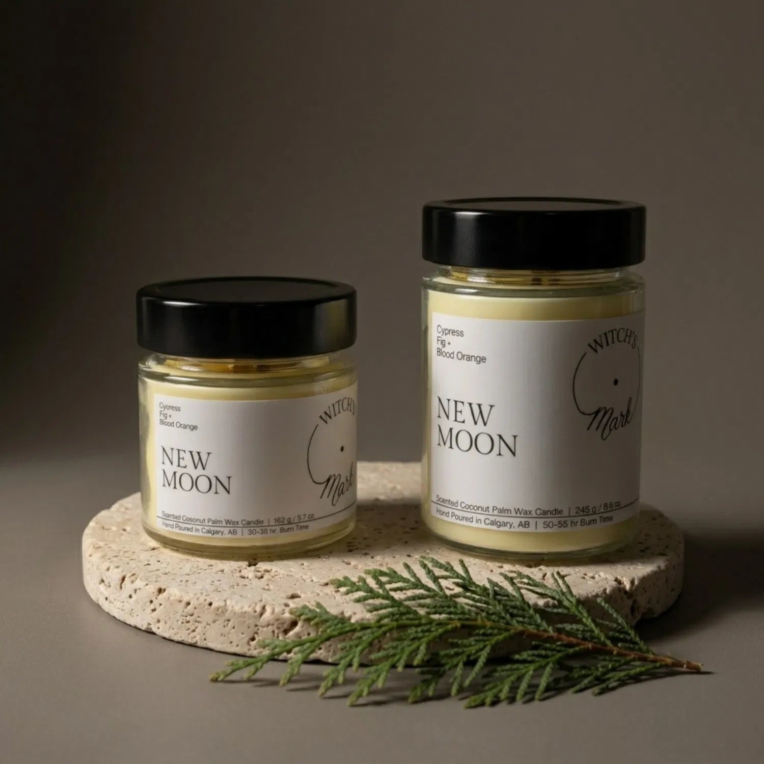Two sizes of the Witch's Mark New Moon coconut wax candle, 5.7 oz and 8.6 oz, displayed on a round stone base and garnished with a fresh, grounding sprig of green cypress.