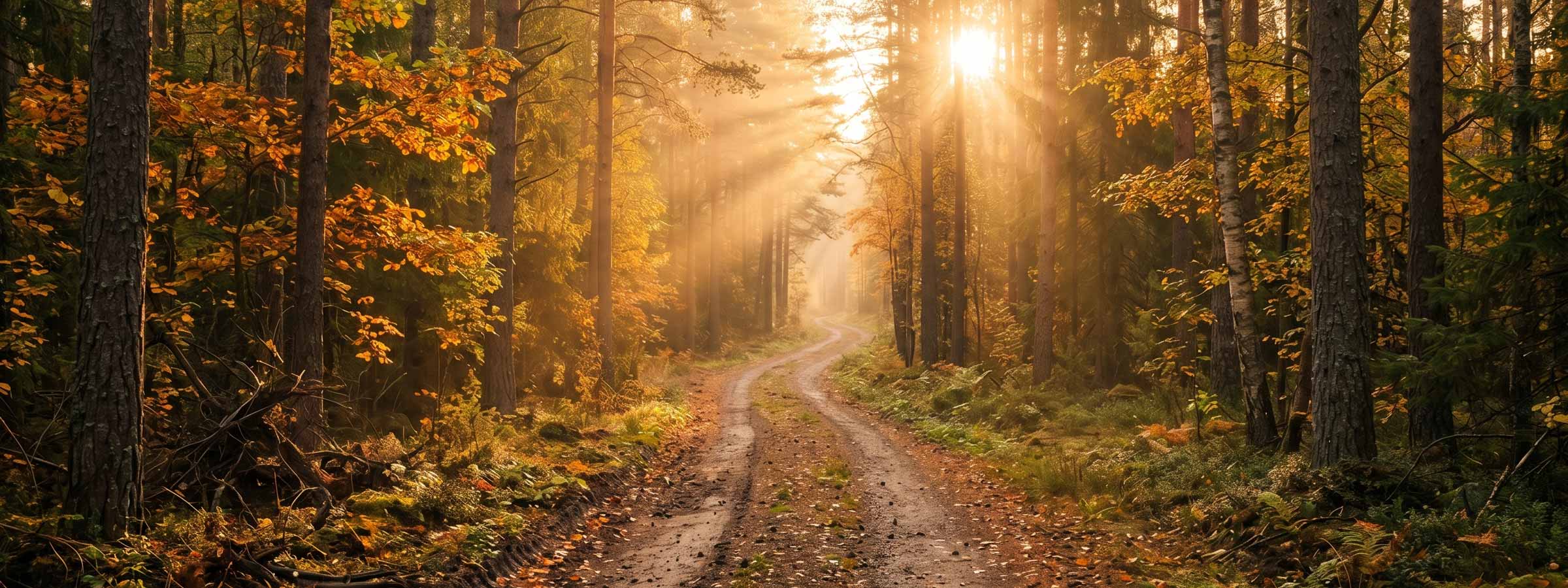 Golden morning sunlight filtering through an autumn forest path, a warm and grounding background for the Witch's Mark Radiant Rituals collection of handmade botanical home fragrances.